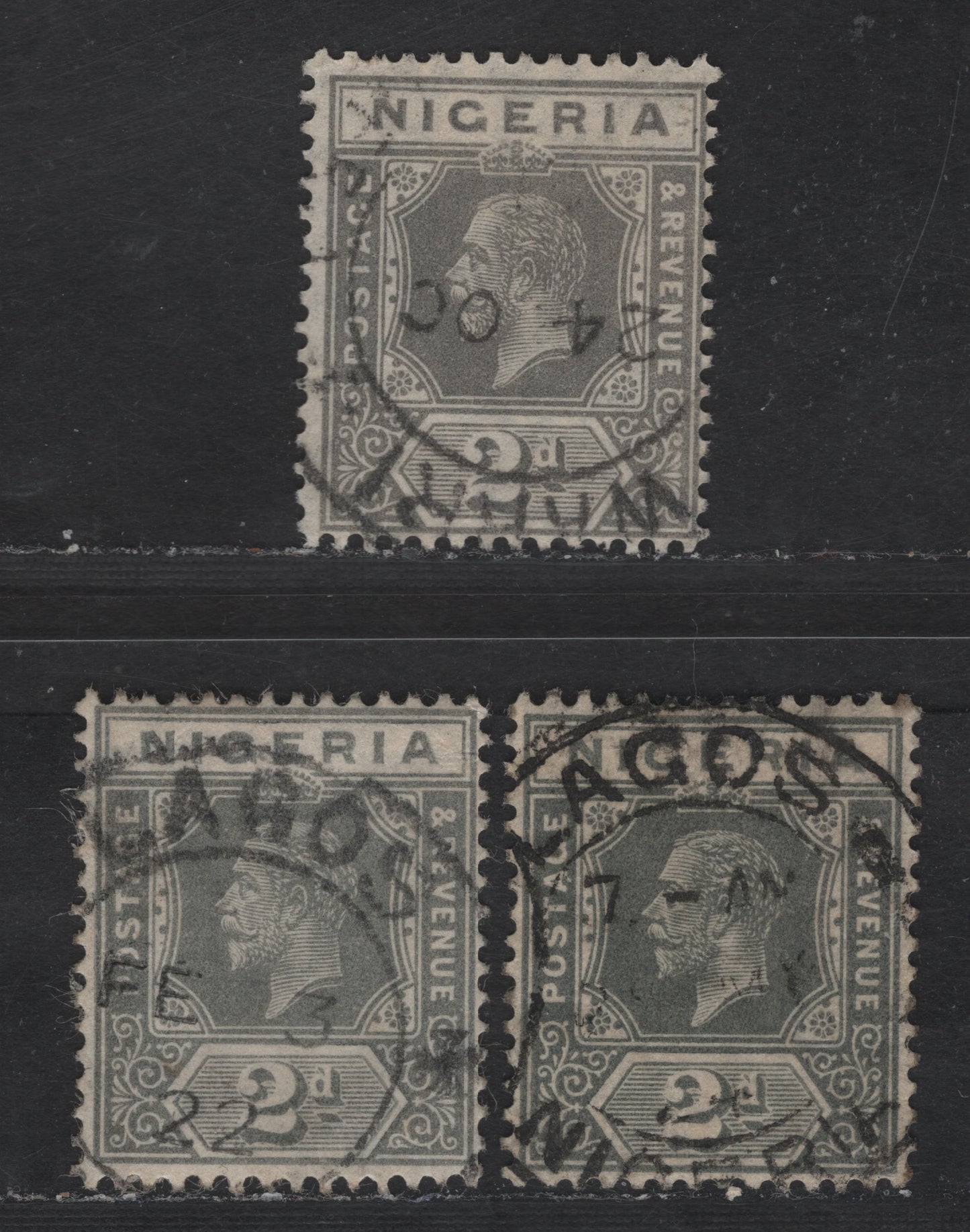Nigeria SG#18 2d Gray - Deep Greenish Slate King George V, 1921-1932 KGV Imperium Keyplate Issue, Wmk Multiple Script CA, 3 Fine/Very Fine Used Singles, Die 1, Warri & Lagos Cancels Dated Feb 3rd 1922 & May 1924