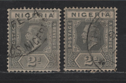Nigeria SG#18 2d Gray - Slate Gray King George V, 1921-1932 KGV Imperium Keyplate Issue, Wmk Multiple Script CA, 2 Very Fine Used Singles, Die 1