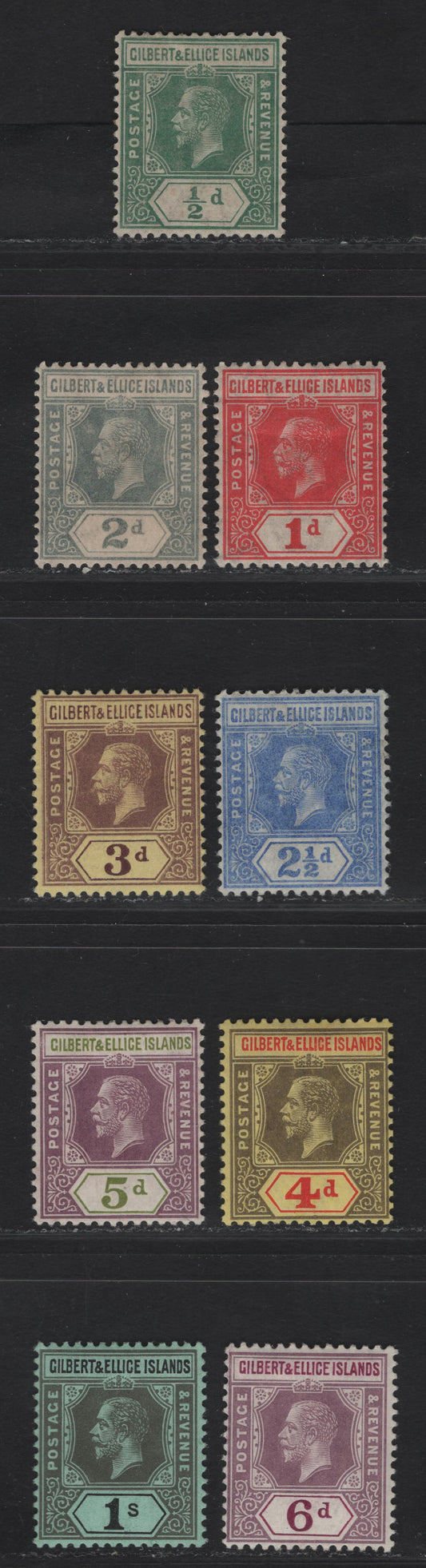 Lot 18 (C) Gilbert & Ellice Islands #12, 13, 14-20 1/2d Green - 1/- Grey & Black, 1912-1924 King George V Imperium Keyplates Issue, Wmk Multiple Crown CA, 9 F & VF OG Singles On Green Paper, All Die 1