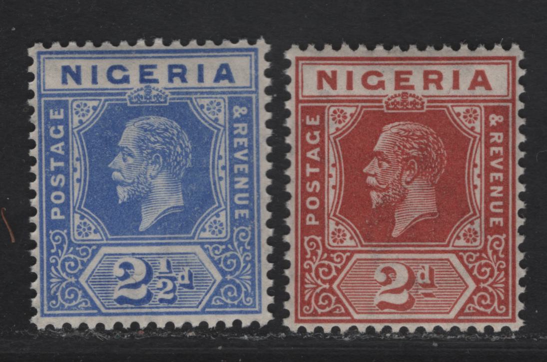 Nigeria SG#19, 21 2d - 2.5d Chestnut - Bright Blue King George V, 1921-1932 KGV Imperium Keyplate Issue, Wmk Multiple Script CA, 2 VFNH Singles, Dies 1 & 2