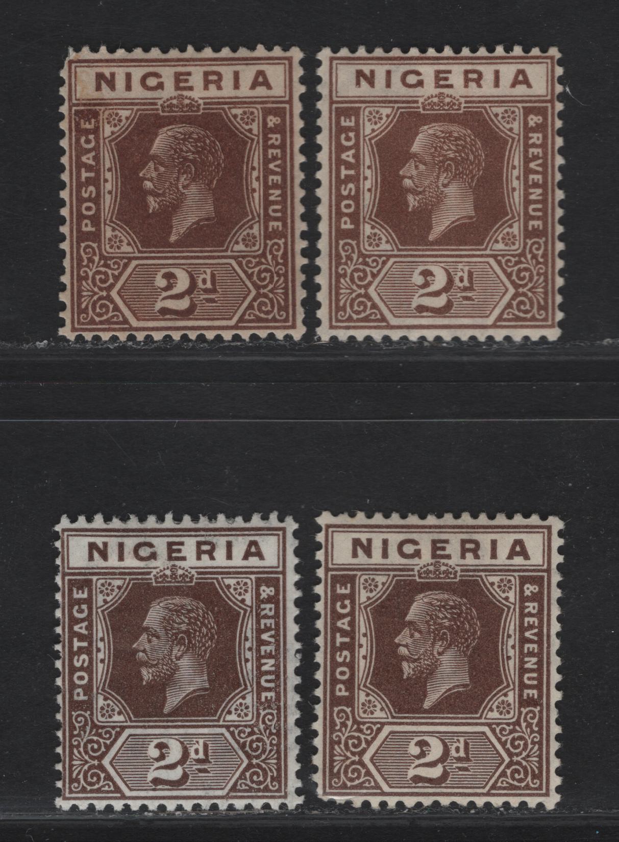 Lot 189 Nigeria SG#20-a 2d Brown - Dark Brown King George V, 1921-1932 KGV Imperium Keyplate Issue, Wmk Multiple Script CA, 4 F/VFOG Singles, Die 1