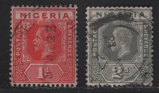 Nigeria SG#16, 18var 1d - 2d Rose Red - Slate Gray King George V, 1921-1932 KGV Imperium Keyplate Issue, Wmk Multiple Script CA, 2 Fine/Very Fine Used Booklet Singles, Much Scarcer Than Corresponding Sheet Stamps, Die 1