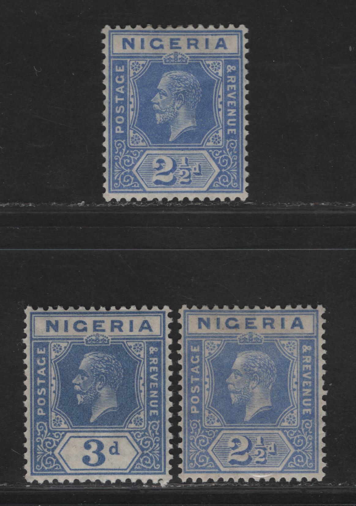 Nigeria SG#21, 23 2.5d - 3d Pale Bright Blue - Deep Bright Blue King George V, 1921-1932 KGV Imperium Keyplate Issue, Wmk Multiple Script CA, 3 VFOG Singles, Dies 1 &2, One 2.5d With Smooth Gum, One With Streaky Gum.