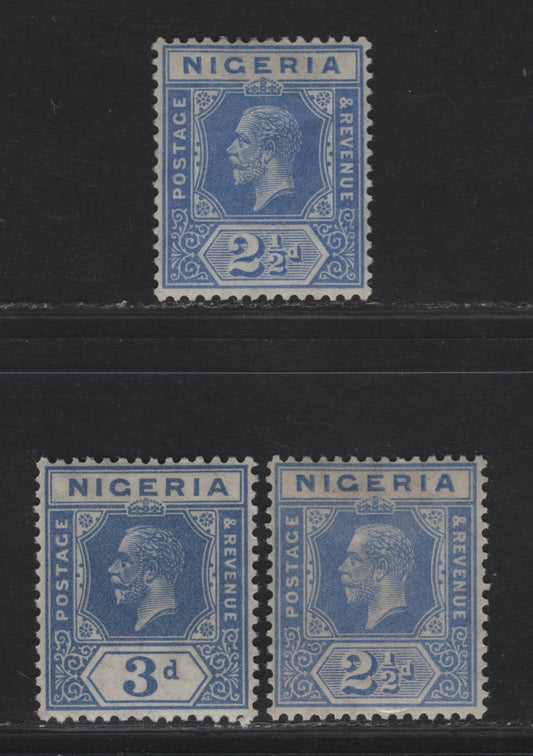 Nigeria SG#21, 23 2.5d - 3d Pale Bright Blue - Deep Bright Blue King George V, 1921-1932 KGV Imperium Keyplate Issue, Wmk Multiple Script CA, 3 VFOG Singles, Dies 1 &2, One 2.5d With Smooth Gum, One With Streaky Gum.