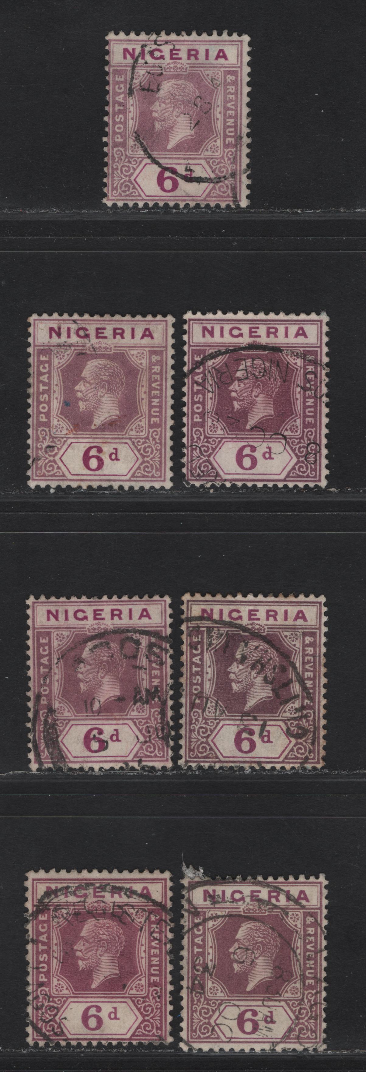 Nigeria SG#25a 6d Dull Purple & Pale Milky Purple - Purple & pale Reddish Purple King George V, 1921-1932 KGV Imperium Keyplate Issue, Wmk Multiple Script CA, 7 Fine/Very Fine Used Singles, Various Shades , All Die 2