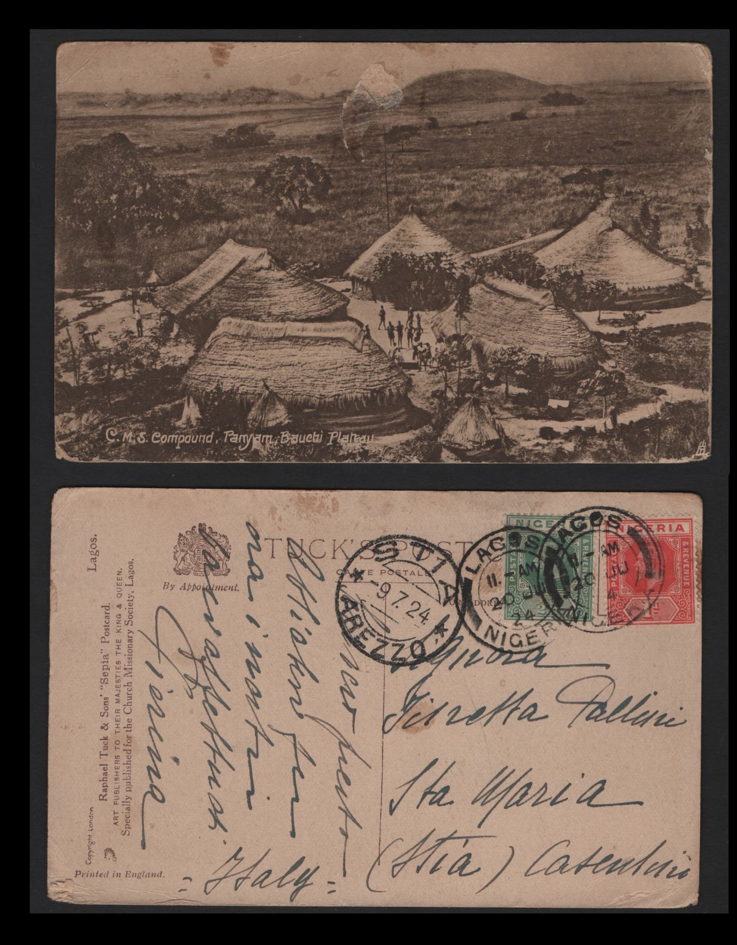 Lot 251 Nigeria #15-16 1/2d Deep Green & 1d Rose Red 1914-1929 King George V Imperium Keyplate Issue, Combination Usage On Postcard To Italy