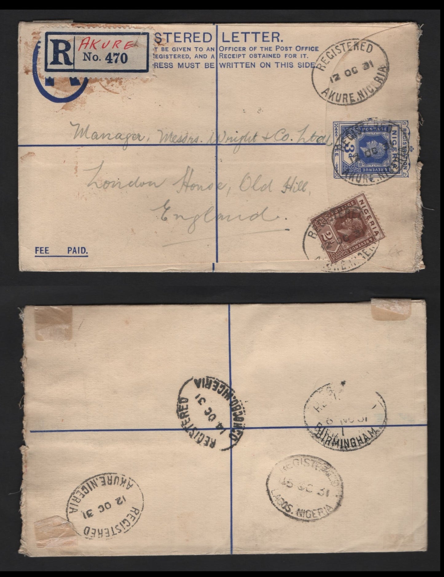 Lot 266 Nigeria #20 2d Chocolate 1921-1932 King George V Imperium Keyplate Issue, Usage On 1931 Registered Envelope To The UK, Multiple Backstamps