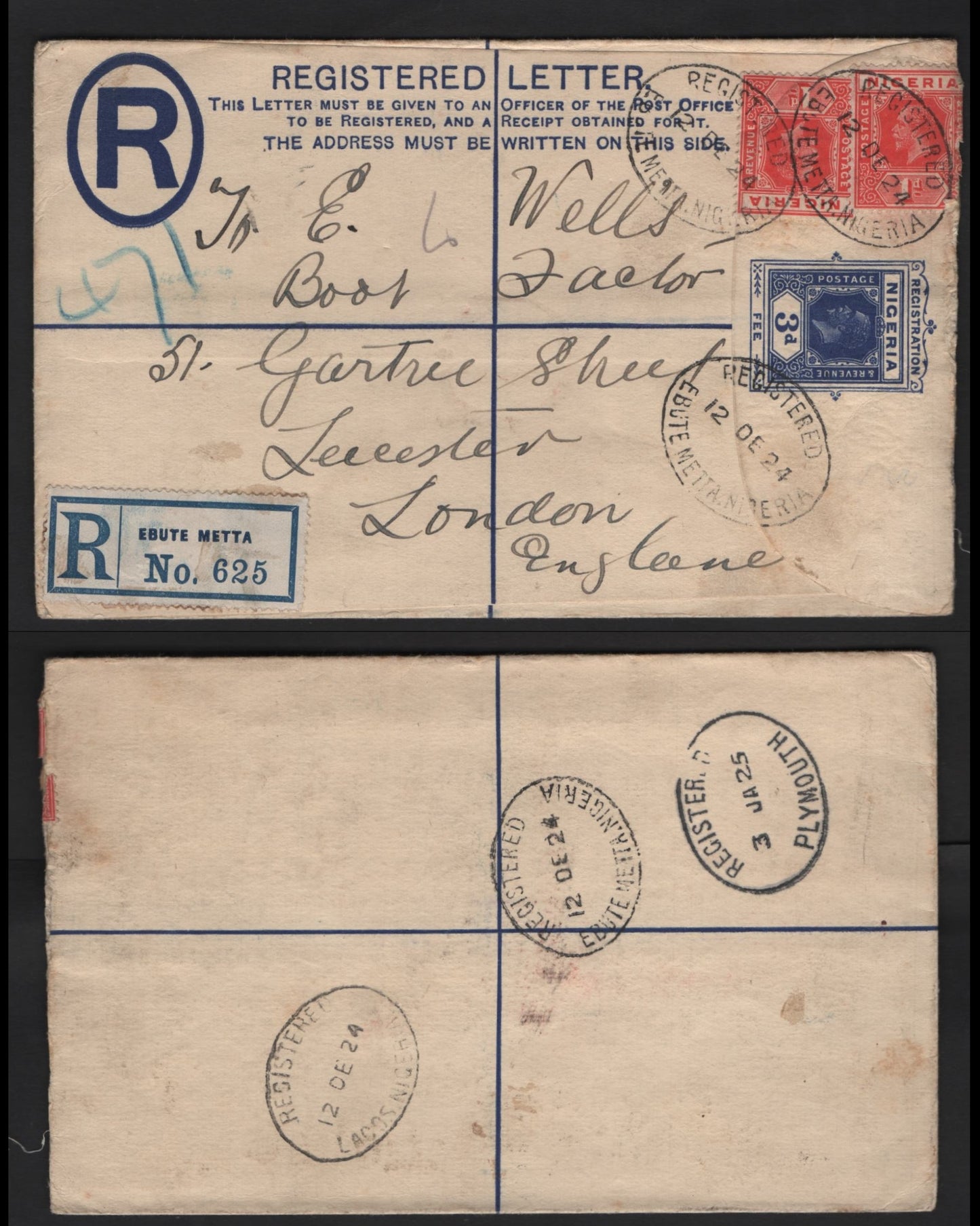 Lot 268 Nigeria #16b 1d Rose Red 1921-1932 King George V Imperium Keyplate Issue, Usage On Registered Envelope To UK