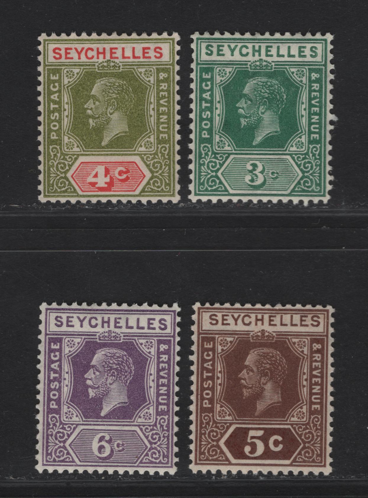 Lot 29 (C) Seychelles SG#84, 99, 102, 105 3c - 6c Green - Deep Mauve King George V, 1917-1932 KGV Imperium Keyplate Issue, 4 VFOG Singles, Mult Crown CA & Script CA Wmks, All Die 2 Except 5c