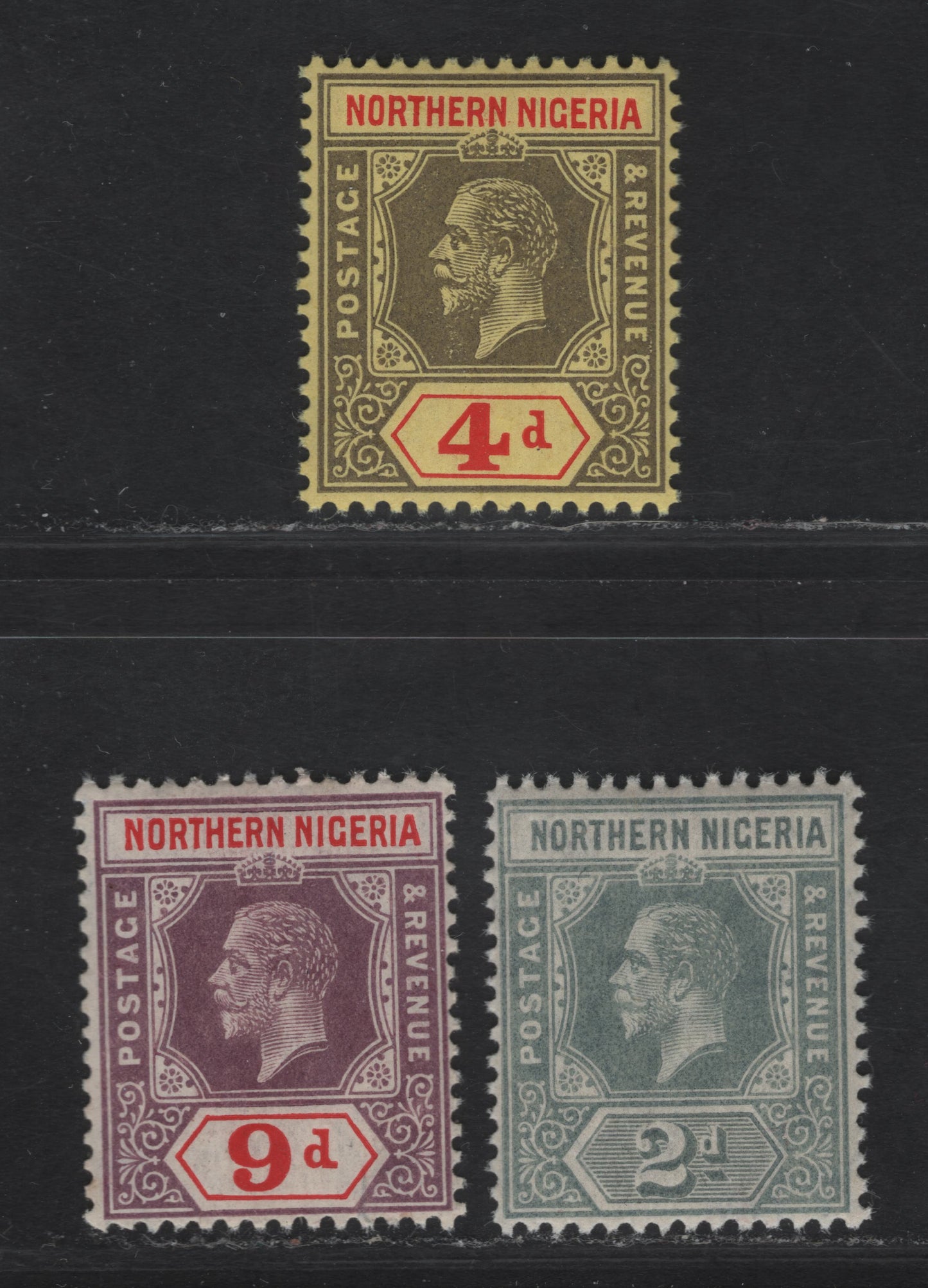 Lot 293 Northern Nigeria SG#42, 44, 47 2d - 9d Gray - Reddish Purple & Red King George V, 1912 KGV Imperium Keyplate Issue, 3 F/VFNH Singles