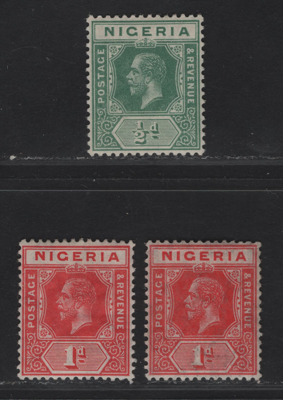 Nigeria SG#1-2a 1/2d - 1d Green - Scarlet King George V, 1914-1929 KGV Imperium Keyplate Issue, Wmk Multiple Crown CA, 3 VFOG Singles, Multiple Crown CA Wmk