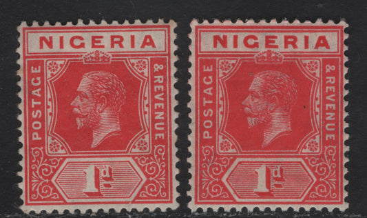Nigeria SG#2 1d Deep Carmine & Carmine - Carmine King George V, 1914-1929 KGV Imperium Keyplate Issue, Wmk Multiple Crown CA, 2 VFNH Singles, One Printed In A Uniform Shade of Carmine Red & One In Two Shades
