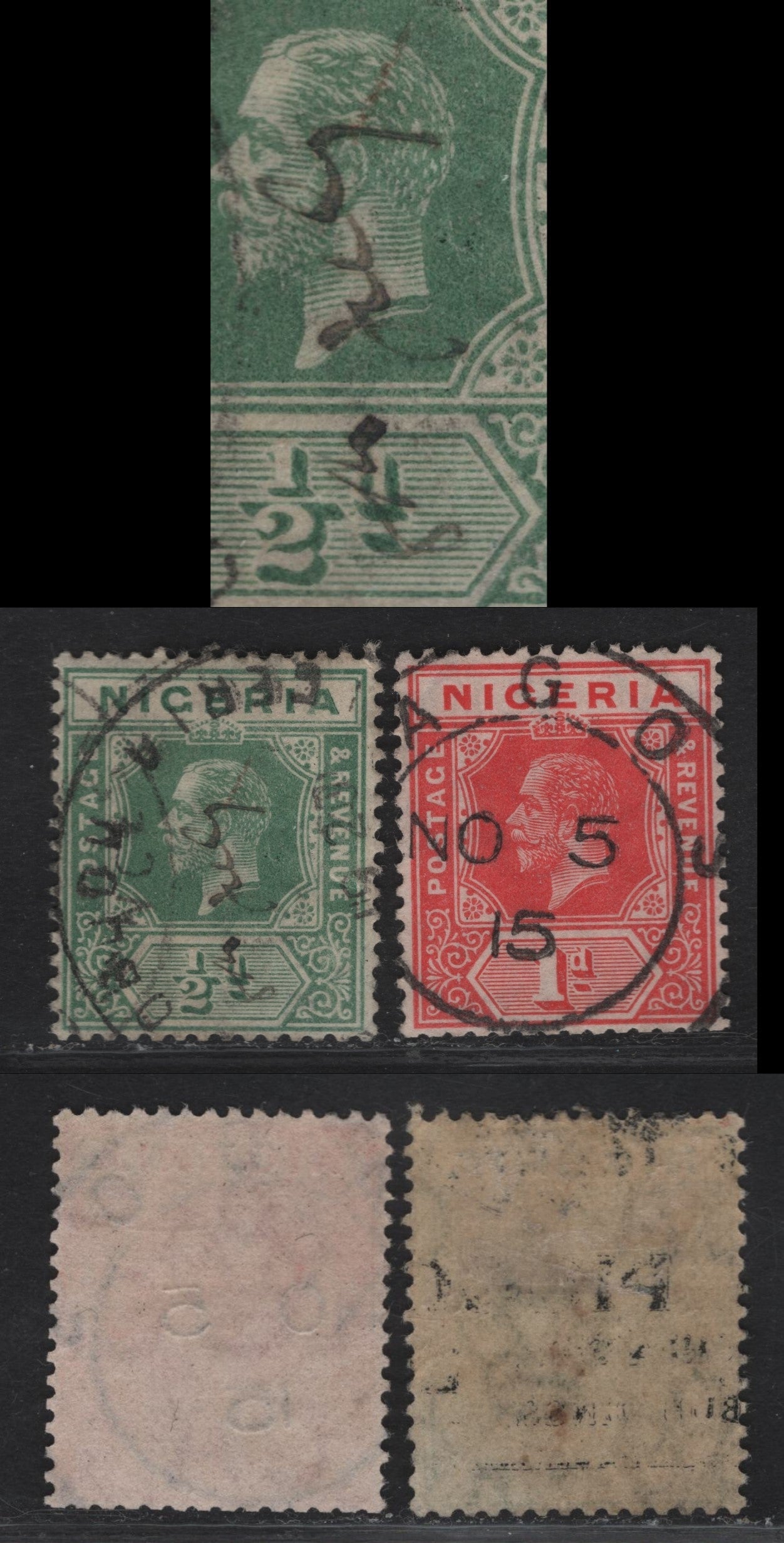 Lot 51 Nigeria SG#1, 2var 1/2d - 1d Green - Carmine Red King George V, 1914-1929 KGV Imperium Keyplate Issue, Wmk Multiple Crown CA, 2 Fine/Very Fine Used Booklet Singles, SON & Cancels With Manuscript Date