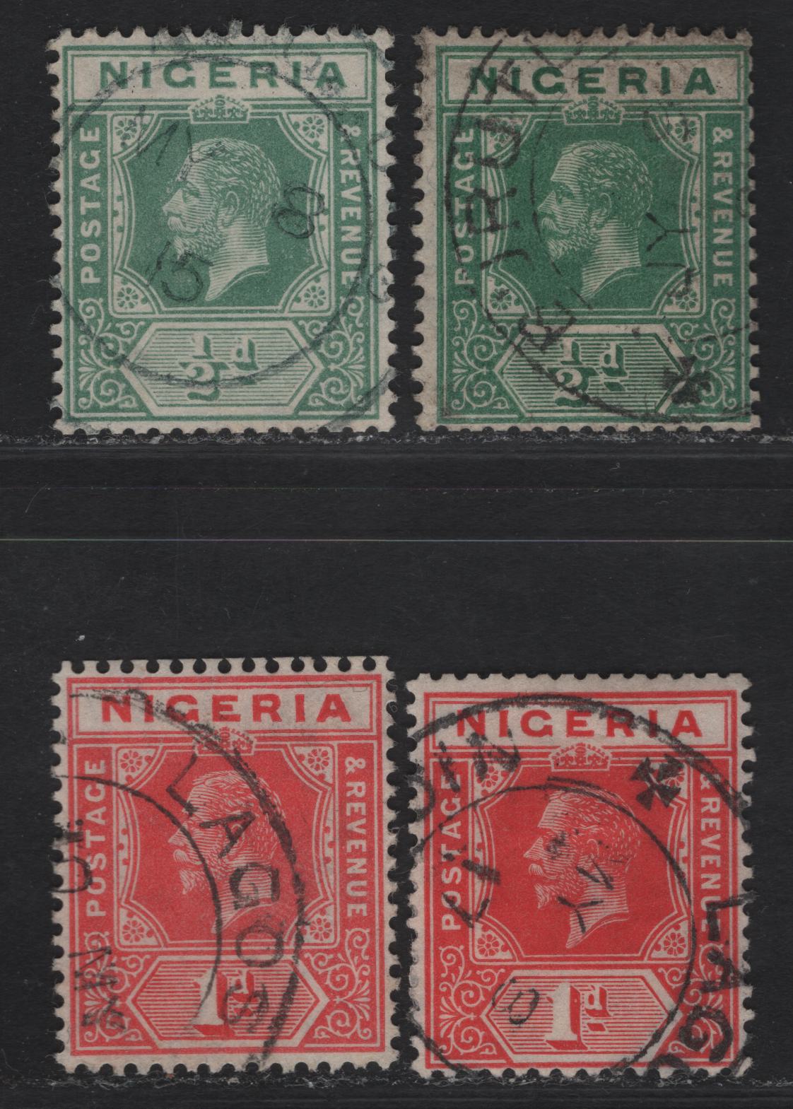 Nigeria SG#1, 2var 1/2d - 1d Green - Scarlet King George V, 1914-1929 KGV Imperium Keyplate Issue, Wmk Multiple Crown CA, 4 Fine/Very Fine Used Booklet Singles, Much Scarcer Than Sheet Stamps