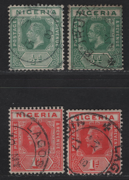 Nigeria SG#1, 2var 1/2d - 1d Green - Scarlet King George V, 1914-1929 KGV Imperium Keyplate Issue, Wmk Multiple Crown CA, 4 Fine/Very Fine Used Booklet Singles, Much Scarcer Than Sheet Stamps