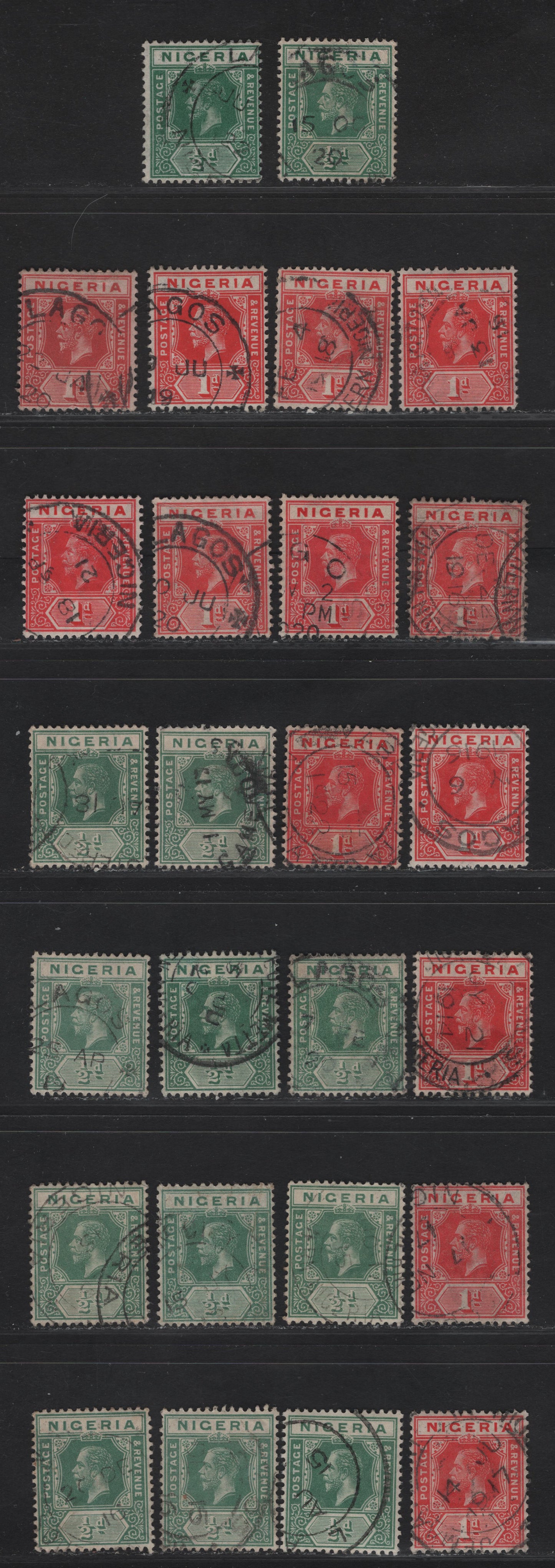 Lot 56 Nigeria SG#1, 2-2a 1/2d - 1d Green - Carmine Red King George V, 1914-1929 KGV Imperium Keyplate Issue, Wmk Multiple Crown CA, 26 Fine/Very Fine Used Singles