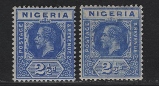 Lot 62 Nigeria #4 2 1/2d Deep Bright Blue & Bright Blue, 1914-1929 King George V Imperium Keyplate Issue, Wmk Multiple Crown CA, 2 F & VF NH Singles With Normal And Transparent Watermarks