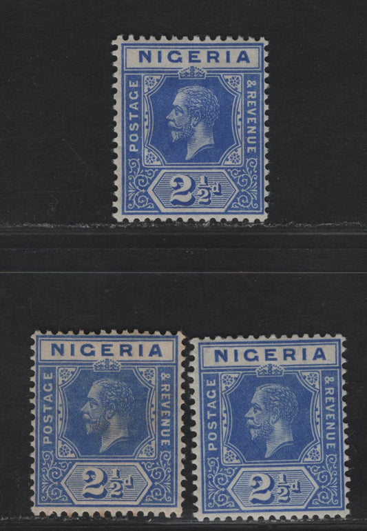 Nigeria #4 2 1/2d Deep Bright Blue, Blue & Bright Blue, 1914-1929 King George V Imperium Keyplate Issue, Wmk Multiple Crown CA, 3 VFOG Singles On 3 Different Shades, All On White Paper With Semi-Visible Watermark