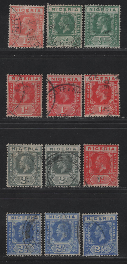 Nigeria #1-4a 1/2d Green, Pale Green, 1d Carmine Red, 1d Scarlet, 2d Grey, 2d Slate Grey, 2 1/2d Bright Blue, Dull Blue & Cobalt & Bright Blue, 1914-1929 King George V Imperium Keyplate Issue, Wmk Multiple Crown CA, 12 VF Used Singles