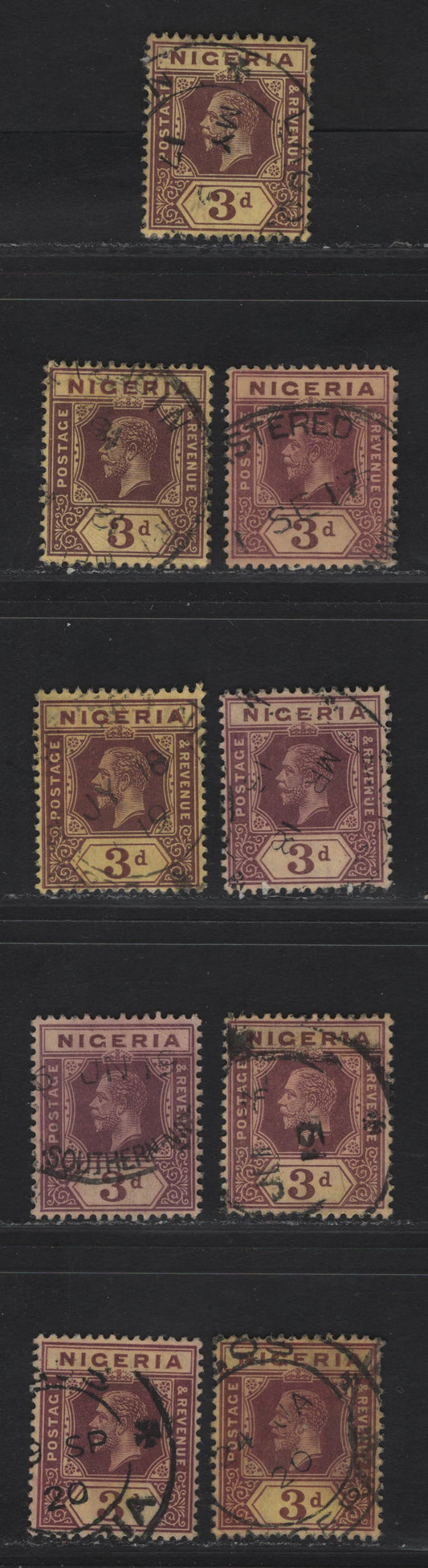 Nigeria #5a 3d Chocolate & Purple Brown, Chocolate & Bright Purple Brown, Chocolate & Brown Purple, 1914-29 King George V Imperium Keyplate Issue, Wmk Multiple Crown CA, 9 F & VF Used Singles On Lemon Backed Paper With Pale Or Deep Yellow Front