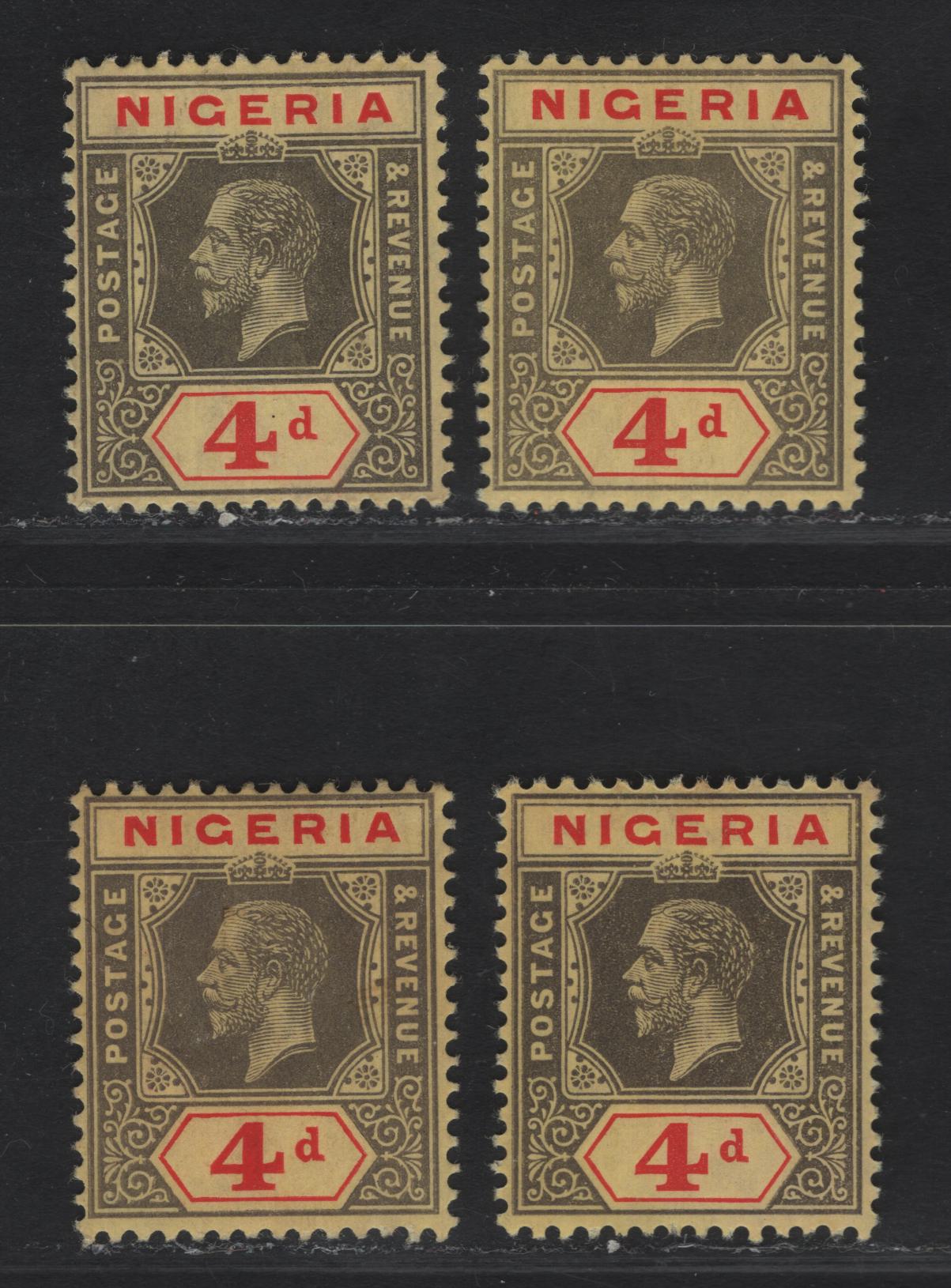 Lot 96 Nigeria SG#6a-b 4d Gray-Gray Black on Red King George V, 1914-1929 KGV Imperium Keyplate Issue, Wmk Multiple Crown CA, 4 FOG Singles, Thick Deep Yellow & Regular Yellow Paper With Lemon Back