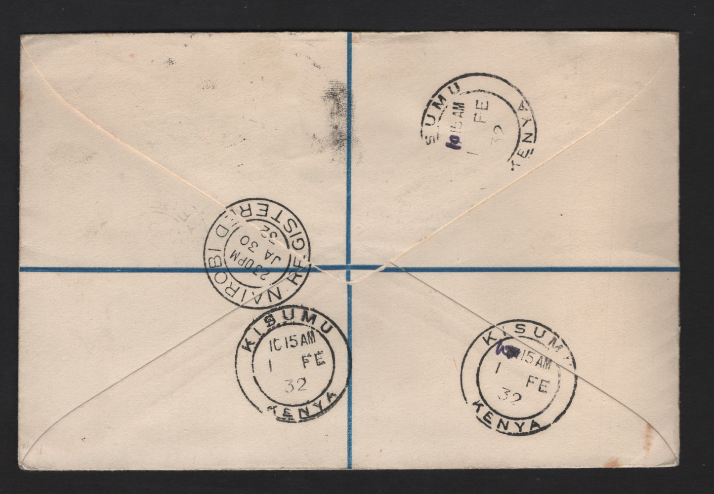 Lot 104 (C) Kenya & Uganda SG#78, 80, 83a 5c - 20c Green - Bright Orange King George V, 1922-1927 KGV Keyplates, A Very Fine Used Cover, Franked With 2 Pairs & Single, Tied By Crisp Nairobi Cancels To Registered Airmail Cover To Kisumu In Kenya