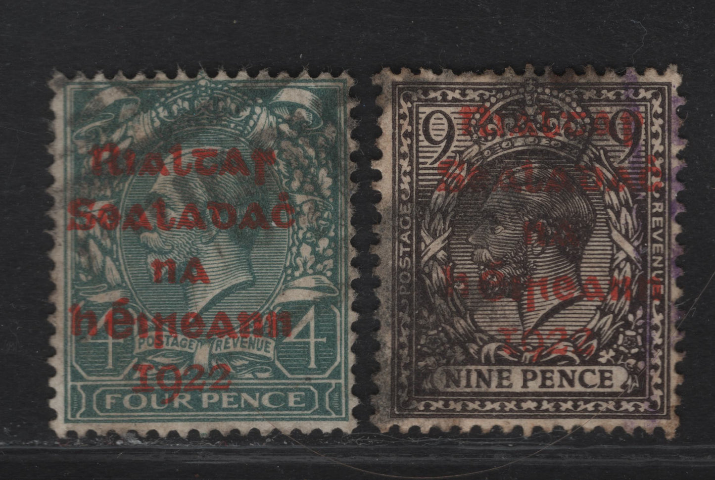 Lot 12 (C) Ireland SG#6b, 8b 4d - 9d Gray Green - Agate King George V, 1922 KGV Profile Heads Issue, 2 Fine Used Singles, Smudgy Parcel Cancels, Red Dollard Overprints