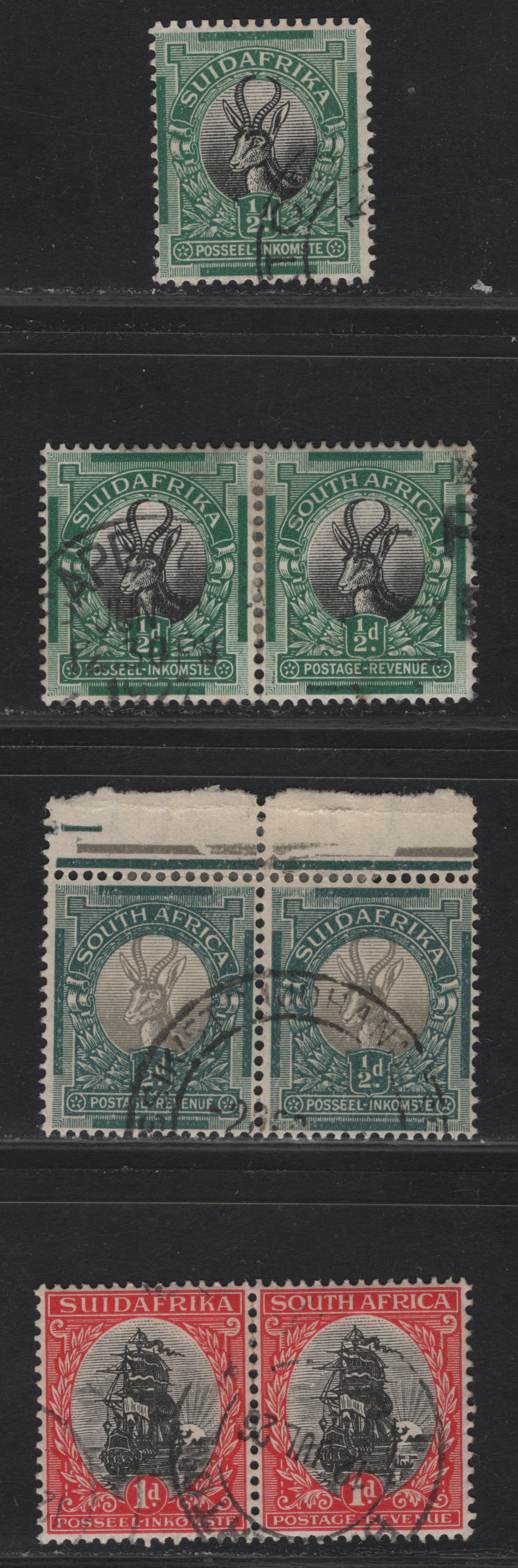 Lot 137 (C) South Africa SG#30, 30ew, 31 1/2d - 1d Black & Green - Black & Carmine Springbok & Van Reebecks Ship, 1926-1927 Pictorial Issue, 4 Fine/Very Fine Used Pairs & Single, Surface Printed, Perfs 14.5x14 & 13.5x14 (Single)