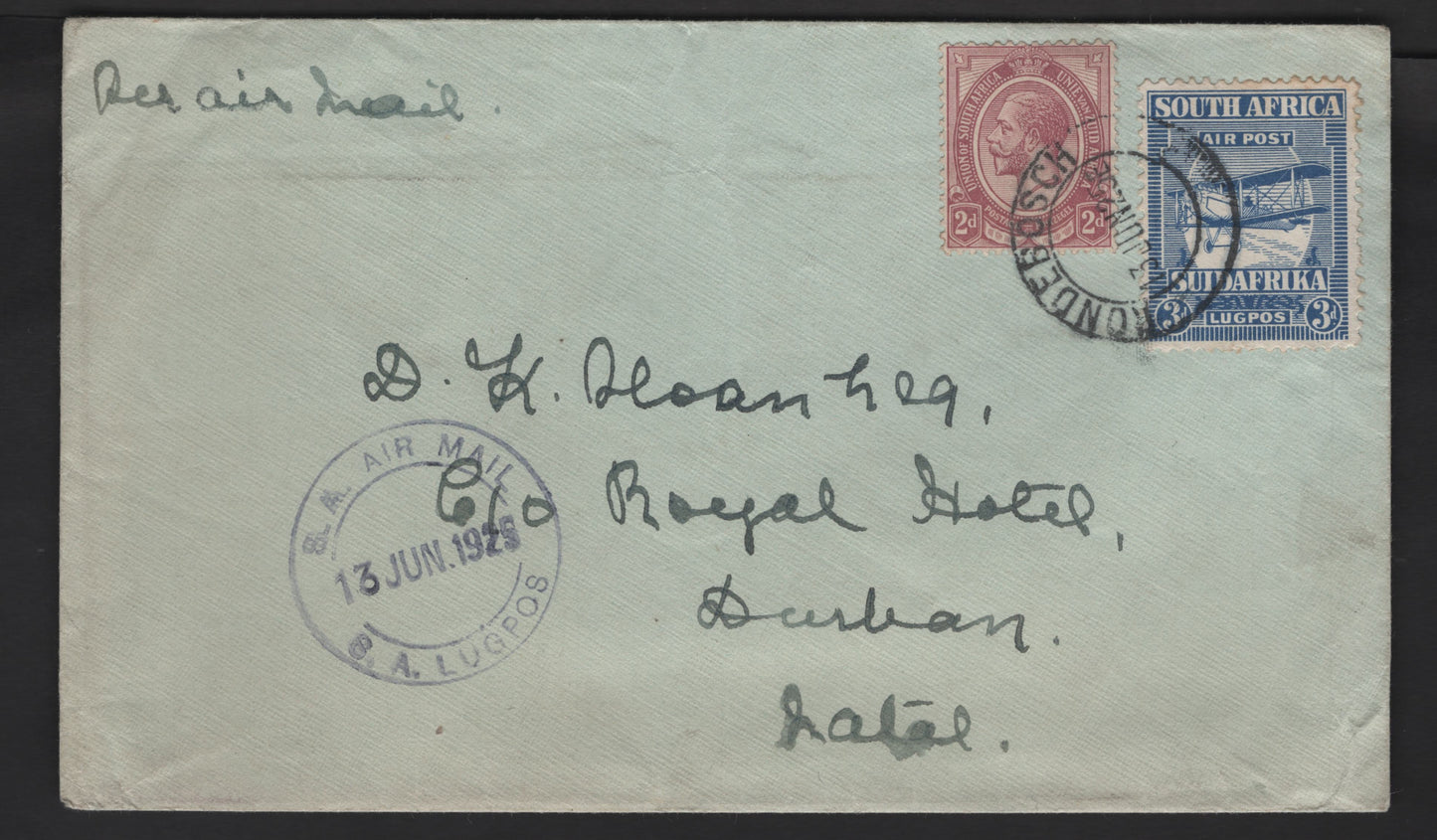 Lot 140 (C) South Africa SG#6, 27 2d - 3d Dull Purple & Ultramarine King George V & Airplane, 1913-1925 KGV Keyplate & Airmail Issues, A Very Fine Used Cover, Franked With 2 Singles, June 1926 Local Airmail To Durban, Natal