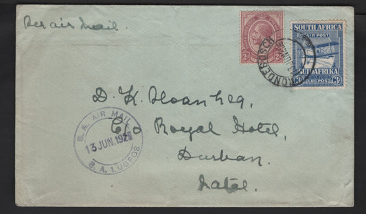 Lot 140 (C) South Africa SG#6, 27 2d - 3d Dull Purple & Ultramarine King George V & Airplane, 1913-1925 KGV Keyplate & Airmail Issues, A Very Fine Used Cover, Franked With 2 Singles, June 1926 Local Airmail To Durban, Natal