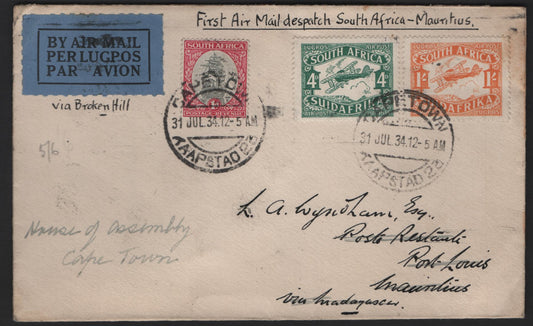 Lot 150 (C) South Africa SG#40-41, 43 4d - 1d Green - Carmine & Gray Van Reebecks Ship - Airplane, 1926-1929 Pictorial & Airmail Issues, A Very Fine Used Cover, Franked With 3 Singles, First Flight Cover From (C) South Africa To Mauritius Via Madagascar