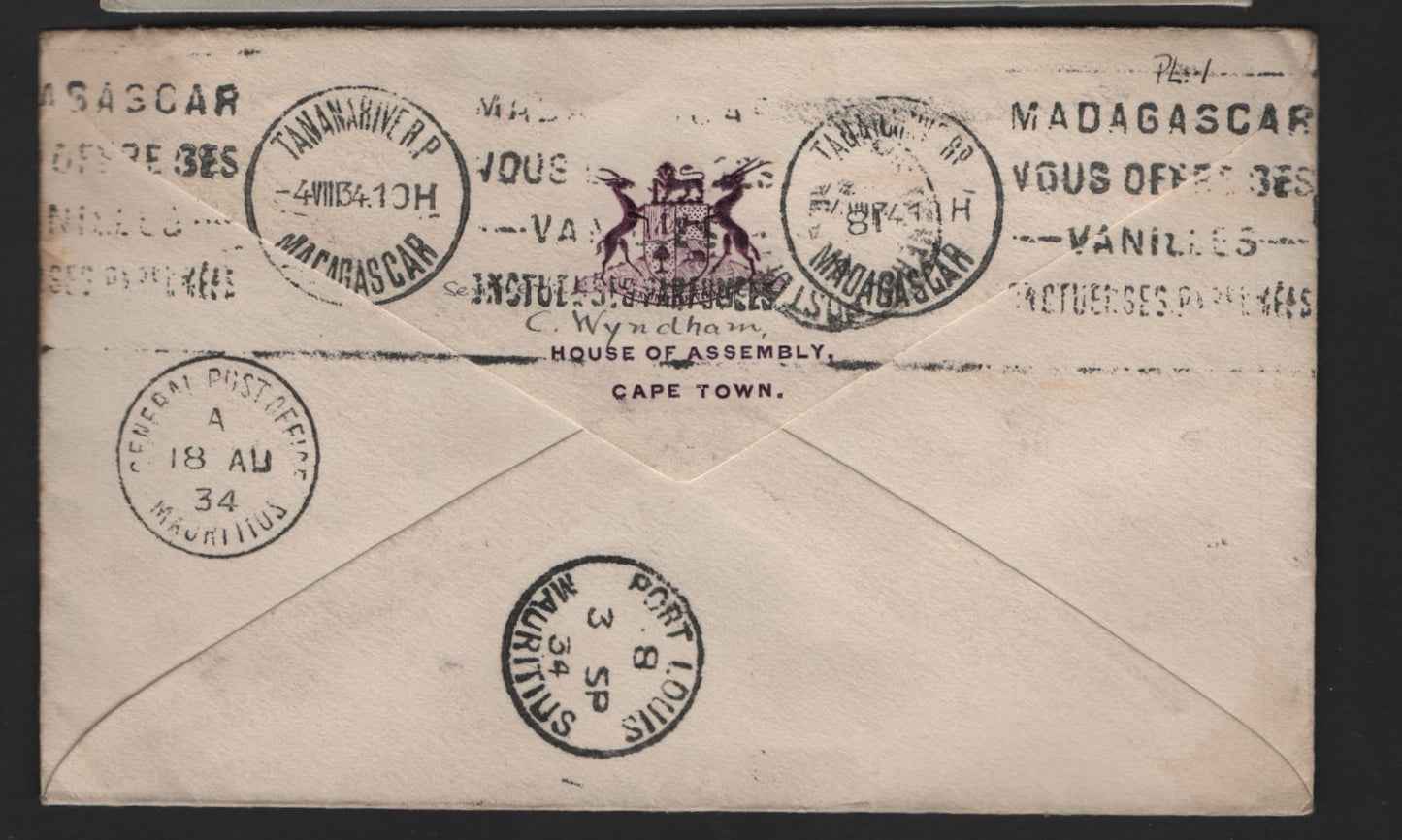 Lot 150 (C) South Africa SG#40-41, 43 4d - 1d Green - Carmine & Gray Van Reebecks Ship - Airplane, 1926-1929 Pictorial & Airmail Issues, A Very Fine Used Cover, Franked With 3 Singles, First Flight Cover From (C) South Africa To Mauritius Via Madagascar