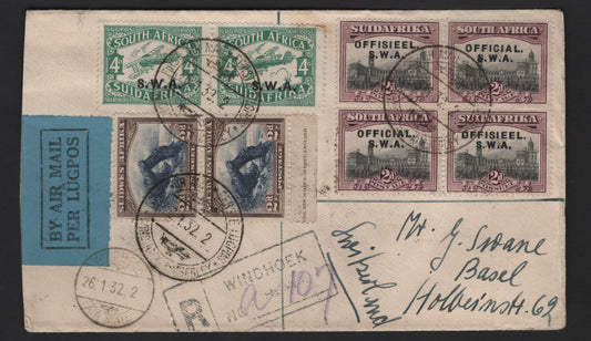 Lot 154 (C) South West Africa SG#O11, 72, 76 4d - 2d Green - Gray & Maroon 1927-1930 Pictorial - Airmail Issues, A Very Fine Used Cover, Franked With Pairs & Blocks Of 4, January 1932 Commercial Airmail Cover To Switzerland From Windboek