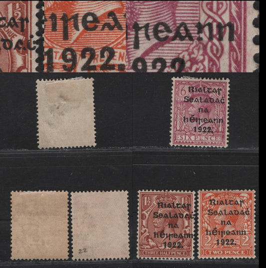 Lot 16 (C) Ireland SG#10, 12, 14 1.5d - 6d Red Brown - Reddish Purple King George V, 1922 KGV Profile Heads Issue, 3 F/VFOG & Unused Singles, Various Broken Letters On The overprints, No Gum On The 1.5d