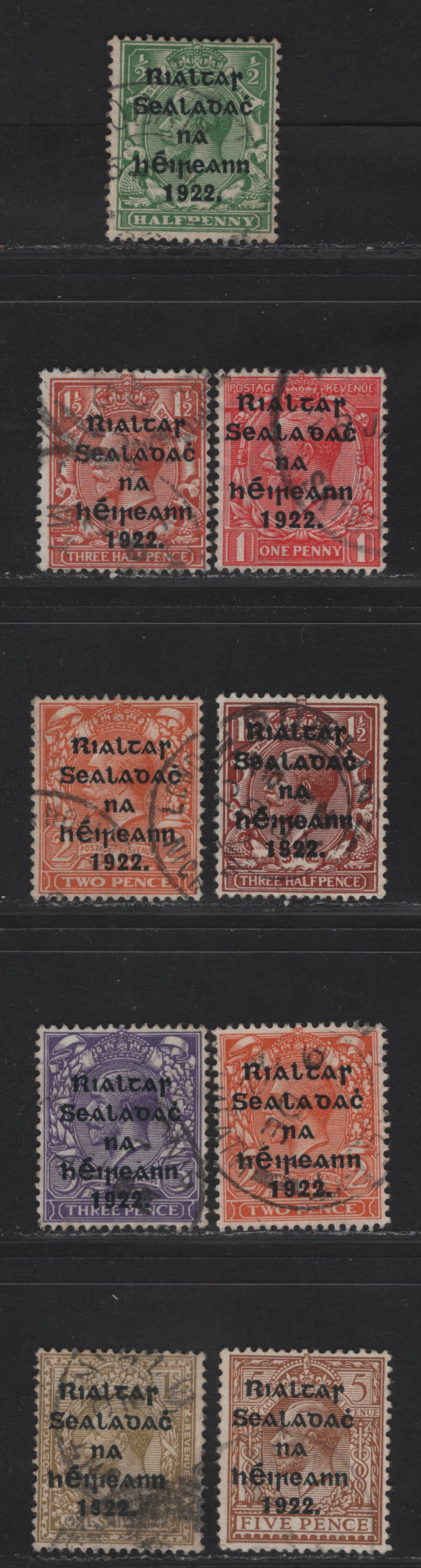 Lot 18 (C) Ireland SG#30-32a, 36, 38, 43 1/2d - 1.5d Green - Chestnut King George V, 1922 KGV Profile Heads Issue, 9 Fine/Very Fine Used Singles, Blue Back 2nd Thom Overprints