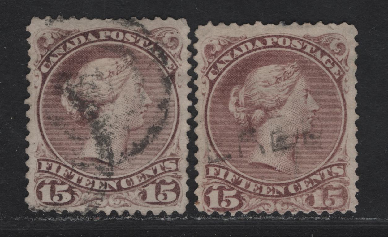 Lot 197 (C) Canada #29a-b 15c Purple - Red Lilac Queen Victoria, 1868-1876 Large Queen Issue, 2 Very Good Used Singles, FO-Q & FO-D Papers, Perfs 11.75x12 & 12