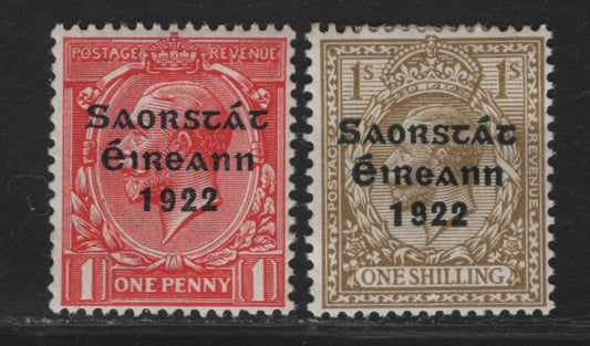 Lot 20 Ireland SG#53 1d Scarlet - Bistre King George V, 1922-1923 KGV Profile Heads Issue, 2 VFNH/FOG Singles, Thom Irish Gree State Overprint