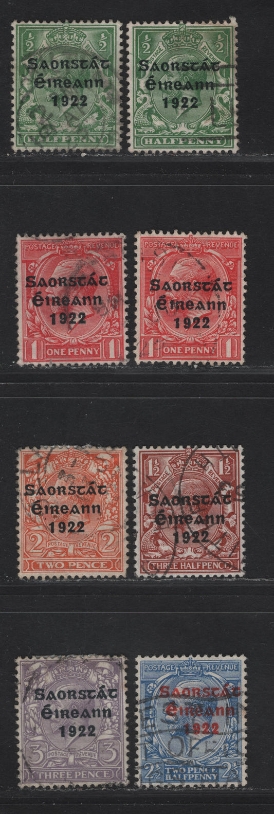 Lot 21 Ireland SG#52-57 1/2d - 3d Green - Bluish Violet King George V, 1922-1923 KGV Profile Heads Issue, 8 Very Fine Used Singles, Thom Irish Gree State Overprint, Two Shades Of The 1/2d & 1d