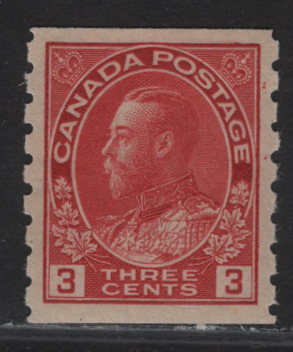 (C) Canada #130var 3c Carmine Red King George V, 1912-1924 Admiral Coil Issue, A VFOG Coil Single, Wet Printing, Perf 8 Vertical, Die 1, Paper/Gum ABN-E.
