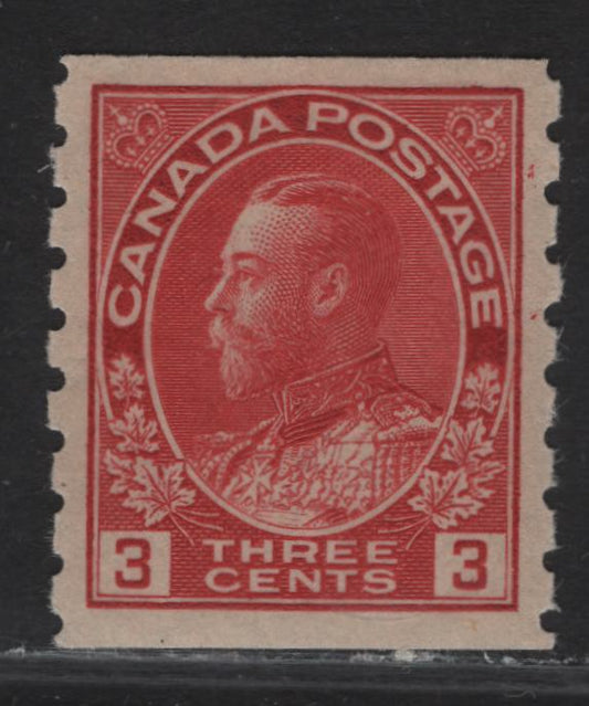 (C) Canada #130var 3c Carmine Red King George V, 1912-1924 Admiral Coil Issue, A VFOG Coil Single, Wet Printing, Perf 8 Vertical, Die 1, Paper/Gum ABN-E.