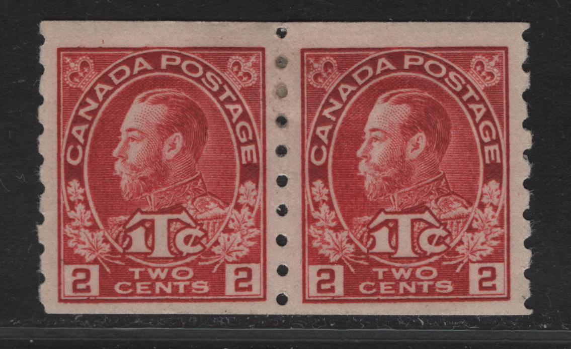 Lot 217 (C) Canada #MR6 2c + 1c Deep Carmine King George V, 1916 War Tax Issue, A VFOG Coil Pair, Perf 8 Vertical, Die 1, Paper/Gum ABN-D.