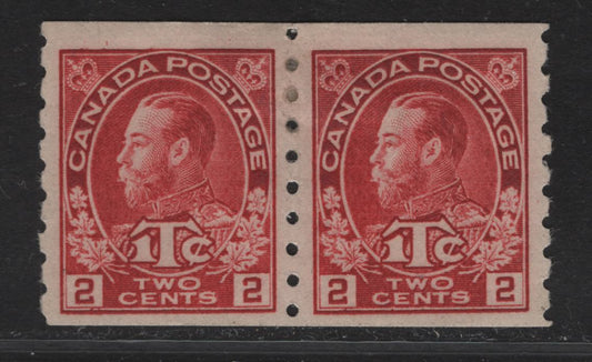 (C) Canada #MR6 2c + 1c Deep Carmine King George V, 1916 War Tax Issue, A VFOG Coil Pair, Perf 8 Vertical, Die 1, Paper/Gum ABN-D.
