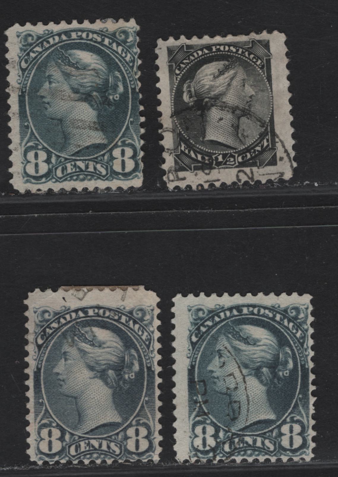 Lot 232 (C) Canada #34, 44b 1/2c - 8c Black - Slate Queen Victoria, 1870-1897 Small Queen Issue, 4 Fine Used Singles, Early Second Ottawa Printings, Papers 2O-F & 2O-II, Perfs 12x12.1, 12x12.2 & 12x12.15.