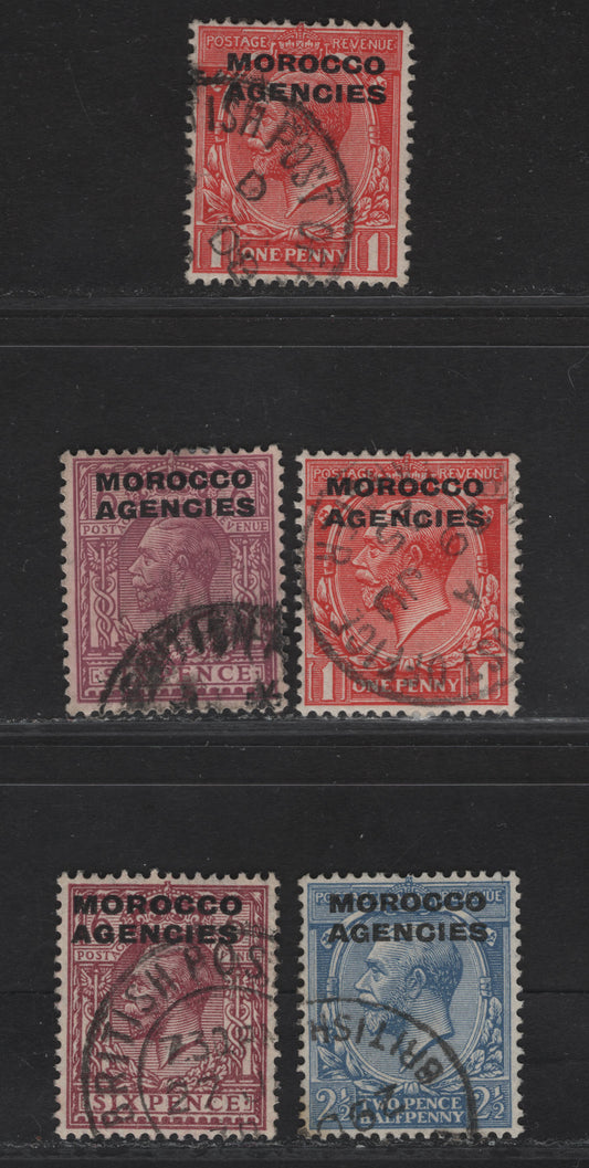 Lot 25 Morocco Agencies British Currency SG#73, 48, 58, 60b 1d - 6d Scarlet - Purple King George V, 1914-1936 KGV Profile Heads Issue, 5 Fine/Very Fine Used Singles, Royal Cypher & Block Cypher Wmks, Overprint Types 7 & 8