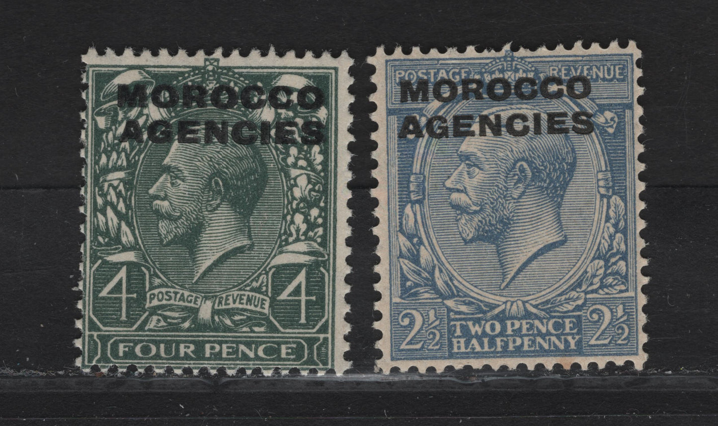 Lot 26 Morocco Agencies British Currency SG#58-59 2.5d - 4d Blue - Gray Green King George V, 1925-1936 KGV Profile Heads Issue, 2 FOG Singles, Block Cypher Wmk, Overprint Types 7 & 8, Small Tone Spot On 1 Perf Of The 2.5d.