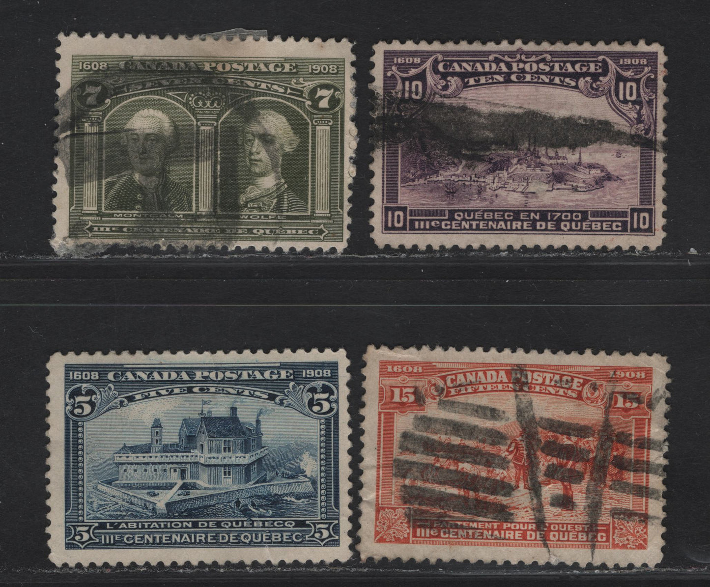 Lot 261 (C) Canada SC#99-102 5c-15c Dark Blue - Orange Champlain's Habitation - Champlain's Departure, 1908 Quebec Tercentenary, 4 Good & Fine Used Singles On Paper ABN-B, 5c With Deep Diagonal Crease & 15c With Light Wrinkles
