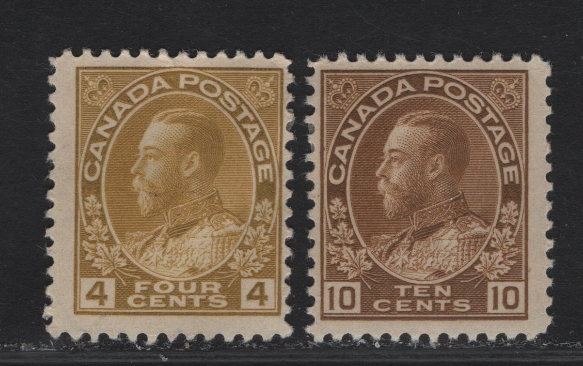 Lot 266 (C) Canada #110d, 118 4c Yellow Bistre & 10c Bistre Brown, 1911-1925 King George V Admiral Issue, 2 FOG Singles Dry Printings On Paper /Gum Type ABN-M. 4c Has Redrawn Frameline While 10c Has Normal
