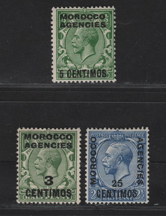 Lot 27 Morocco Agencies Spanish Currency SG#128, 133, 143 3c on 1/2d - 5c on 1/2d Green King George V, 1914-1931 KGV Profile Heads Issue, 3 F/VFOG Singles, Royal Cypher & Block Cypher Wmks