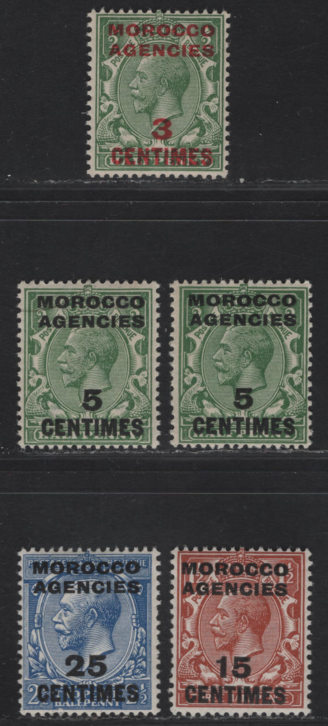 Lot 28 (C) Morocco Agencies French Currency SG#191-192, 194-195 3c on 1/2d - 25c on 2.5d Green - Blue King George V, 1917-1924 KGV Profile Heads Issue, 5 F/VFNH Singles, Royal Cypher Wmk
