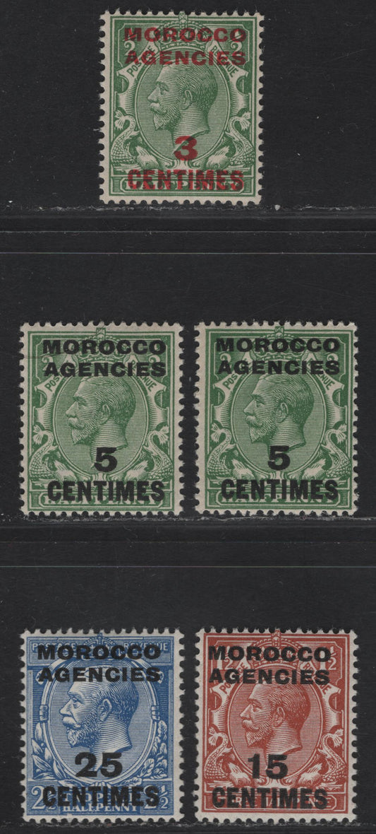 Lot 28 (C) Morocco Agencies French Currency SG#191-192, 194-195 3c on 1/2d - 25c on 2.5d Green - Blue King George V, 1917-1924 KGV Profile Heads Issue, 5 F/VFNH Singles, Royal Cypher Wmk